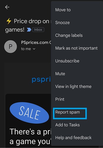 Option to report spam in gmail mobile app
