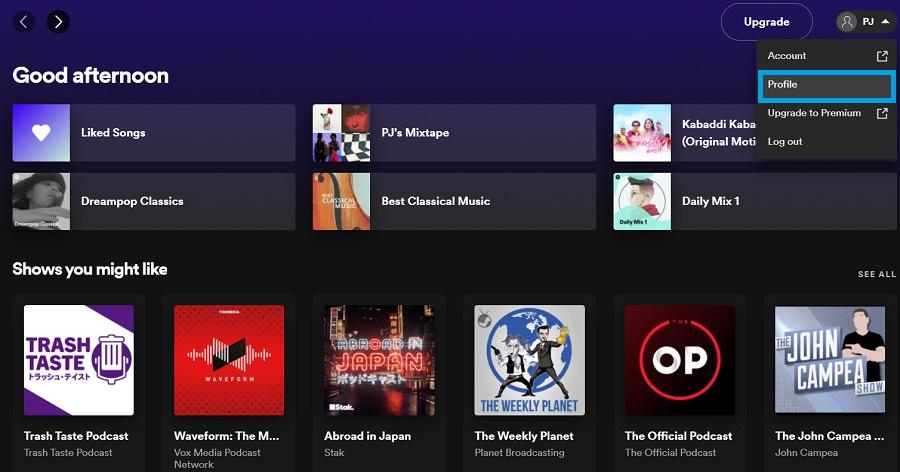 spotify profile menu