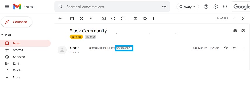 screenshot of gmail unsubsribing slack subscription