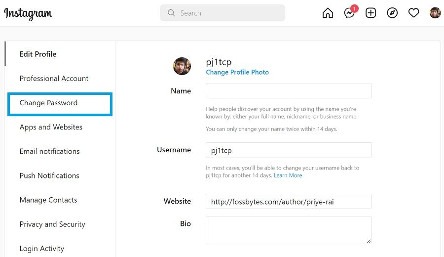 change password in instagram website