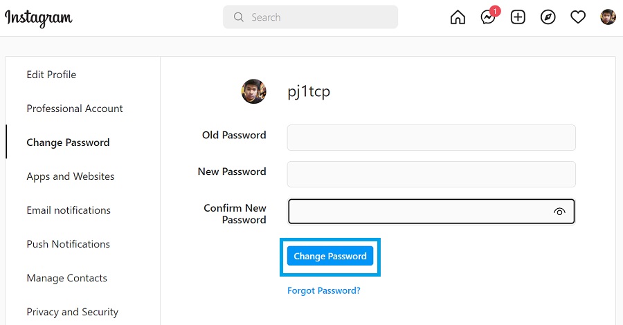 change your password via instagram website