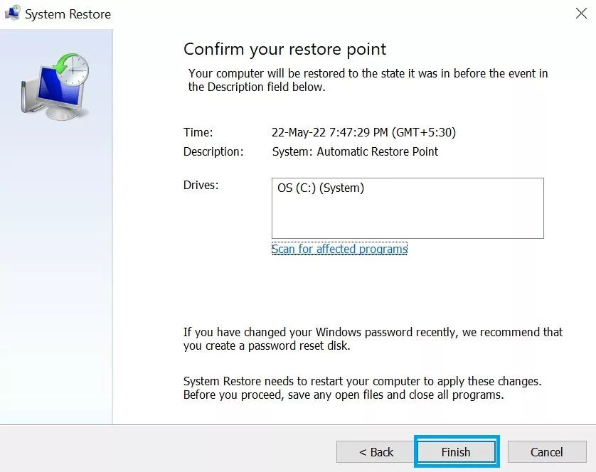 confirm restore point