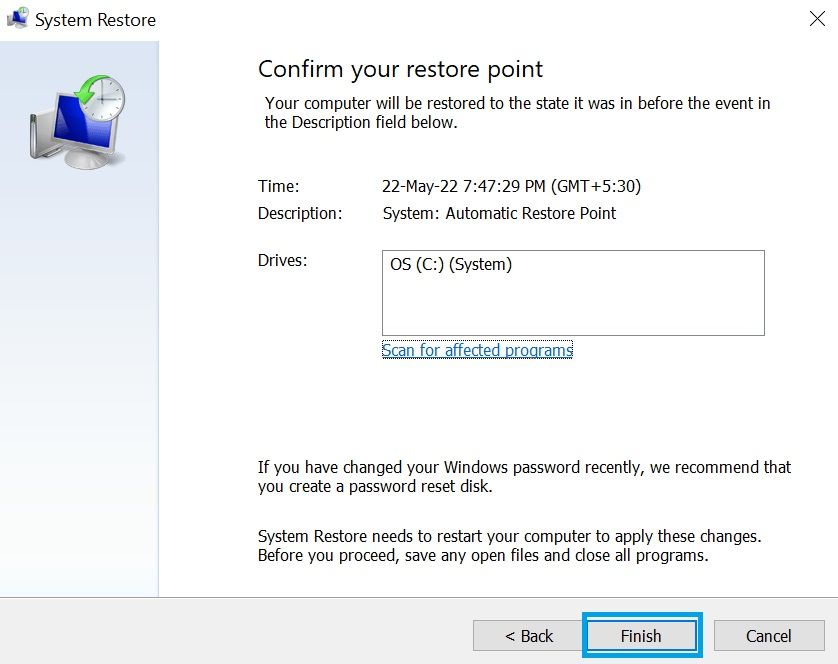 confirm restore point