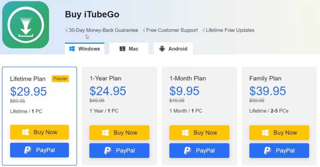 iTubeGo youtube downloaderpricing