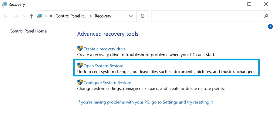open system restore point recovery option