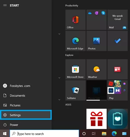 settings windows 10 start menu