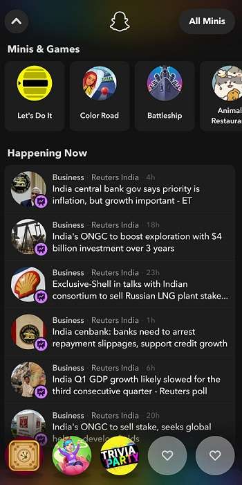 snapchat shortcuts minis games
