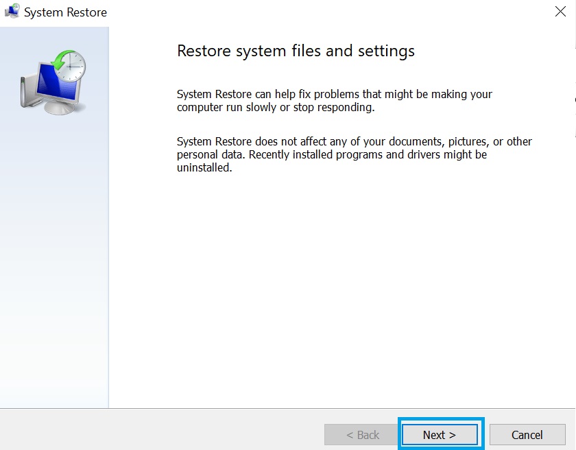 system restore next