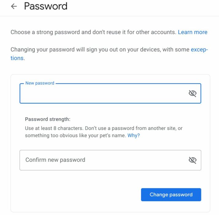 type and retype new passwords