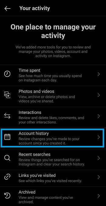 your activity account history instagram