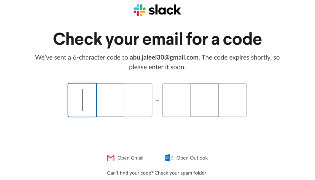 Check your email for a six-digit slack code