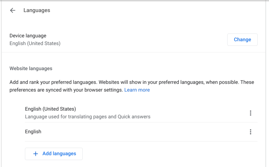 Languages option in chromebook settings