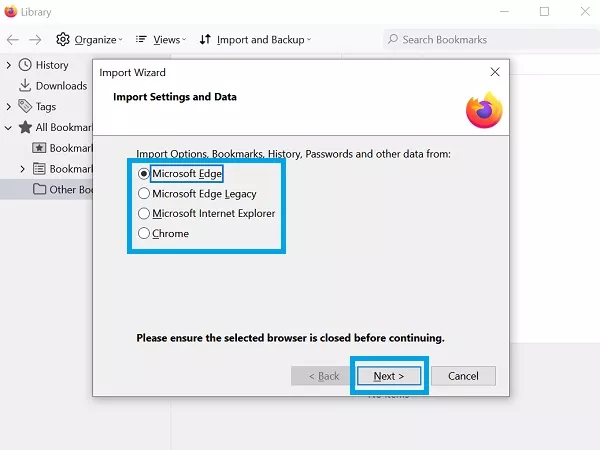 choose browser import bookmarks firefox