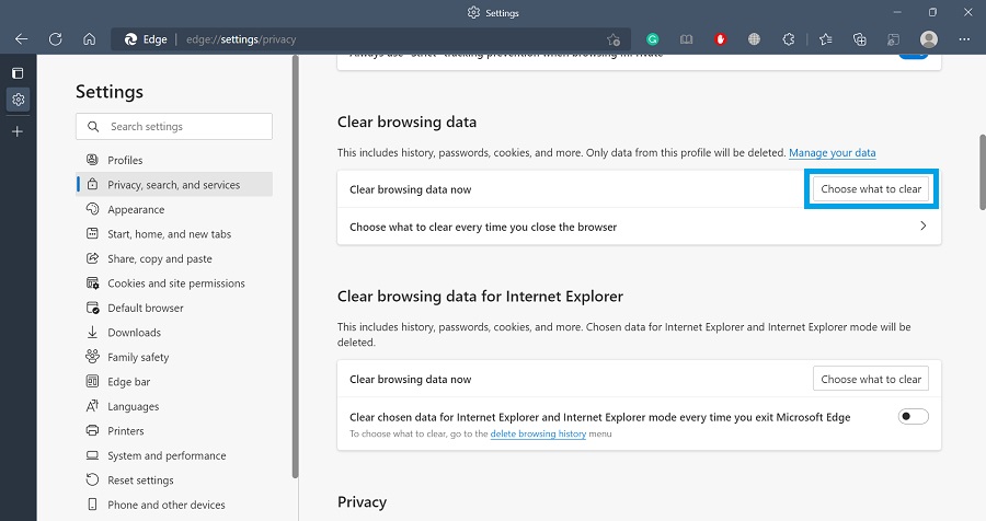 choose what to clear button history settings edge
