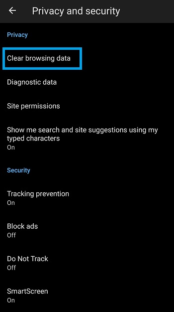 clear browsing data button edge mobile