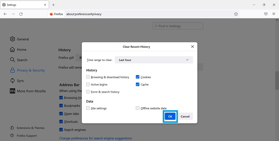 cookies and cache deletion in firefox