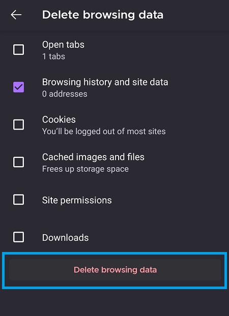 delete browsing data button firefox mobile