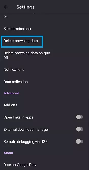 delete browsing data firefox mobile