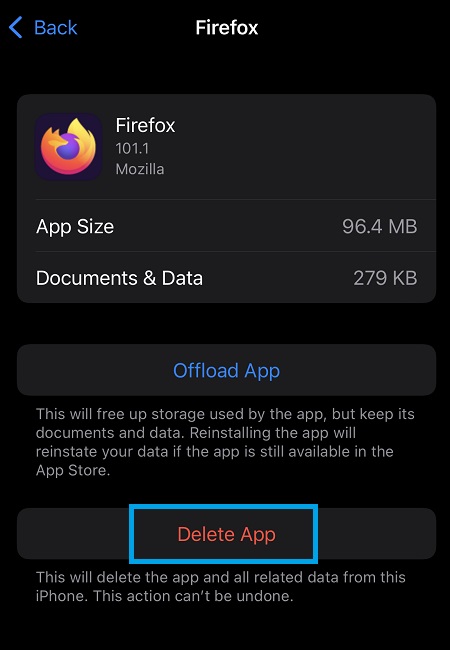 delete firefox app ios