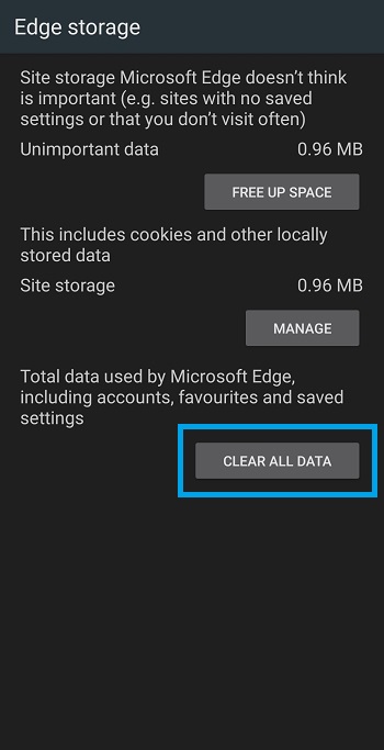 edge storage screen clear all data button android