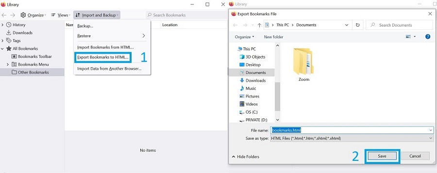 export bookmarks to html file firefox