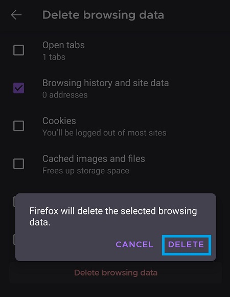 firefox delete browsing history confirmation