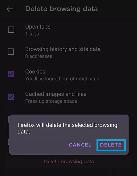 firefox delete cache and cookies confirmation