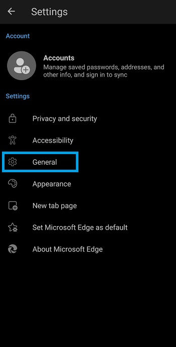 general in settings menu edge mobile