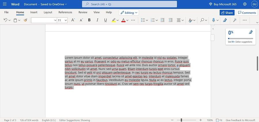 highlighting or selecting all text in a page in ms word