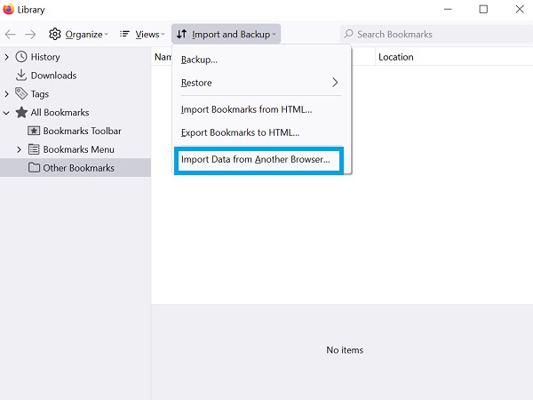 import data from another browser firefox