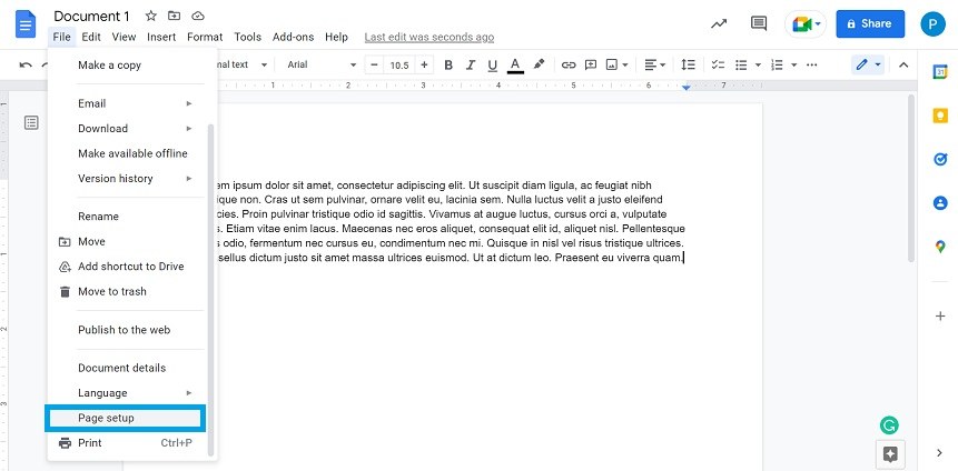 page setup option in file menu google docs