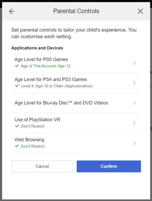 parental controls child PS account