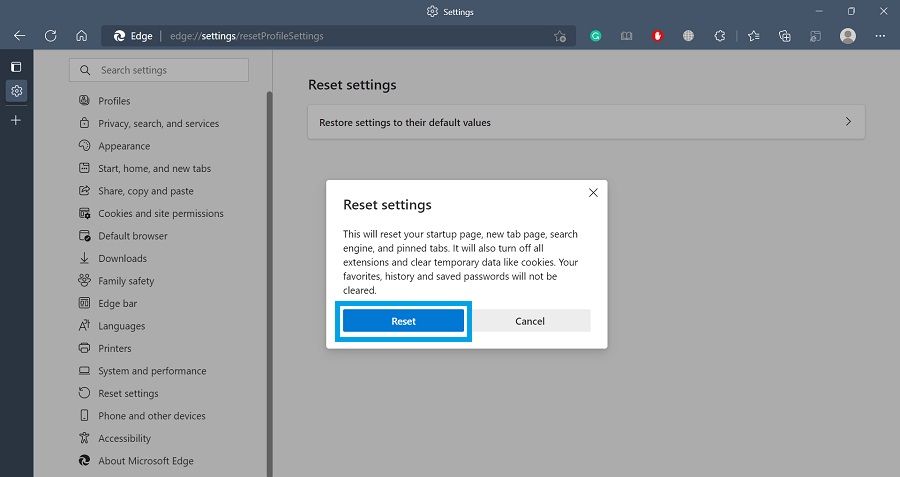 reset settings to default values button in edge