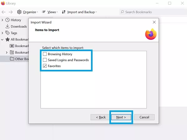 select browser items import bookmarks firefox