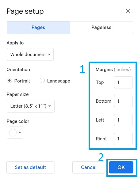 set margins from page setup in google docs