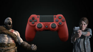 zoomed-in image of ps4 controller with kratos and ellie on either side