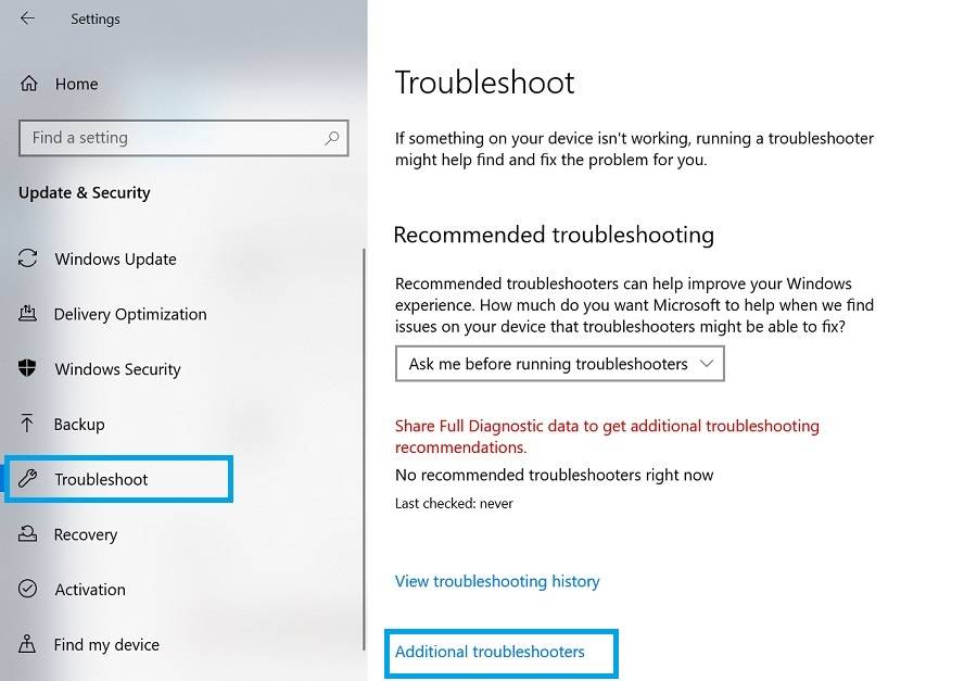 troubleshoot option in settings