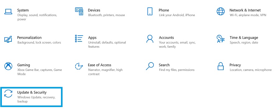 update and security in settings menu