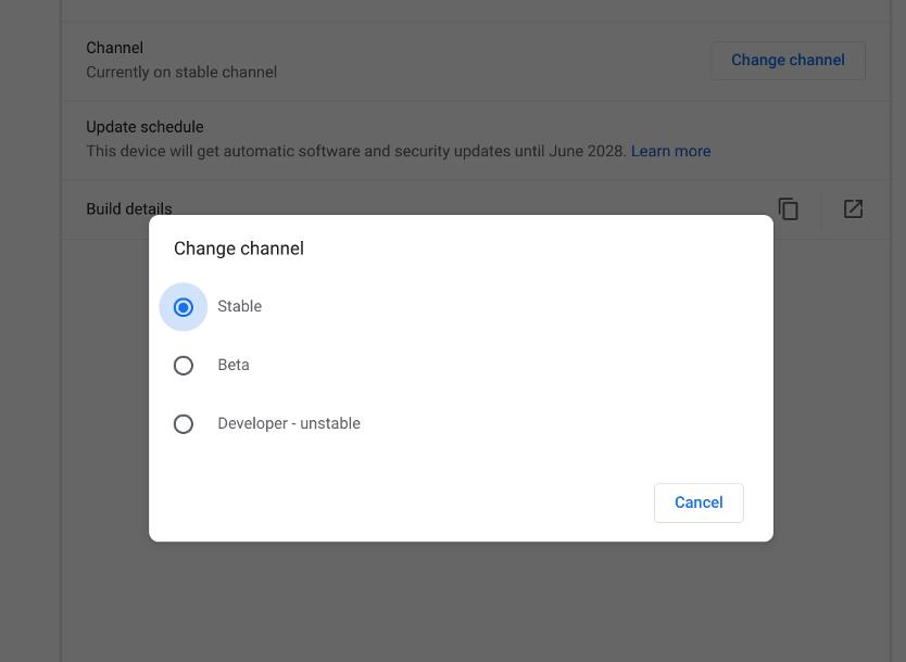 Chrome OS change update channel