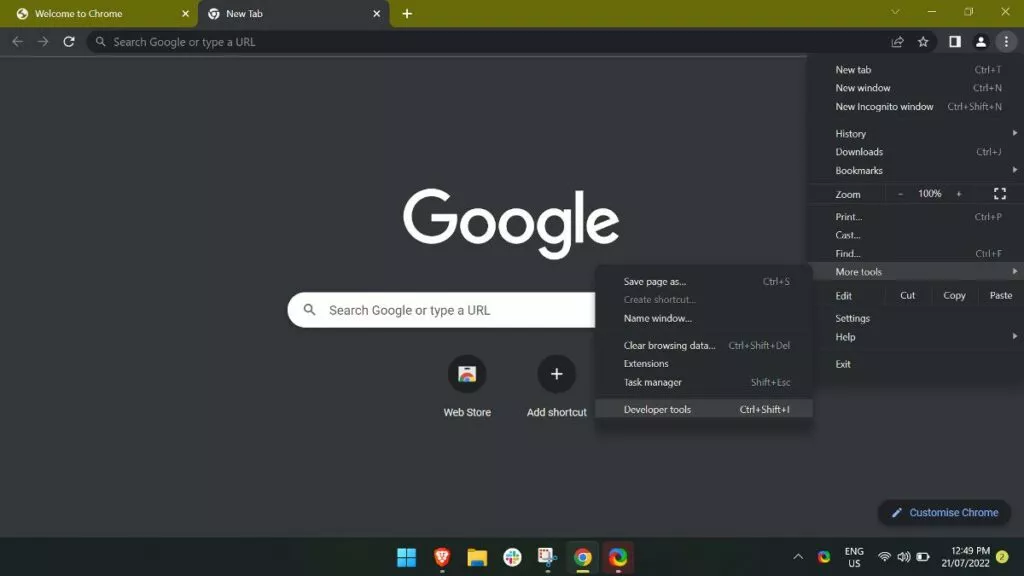 Chrome developer tools menu