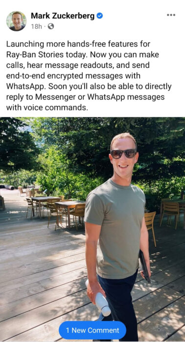 Mark Zuckerberg Announces Hands-Free WhatsApp Messaging For RayBan Stories