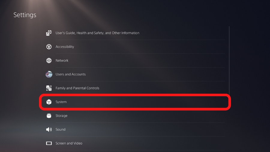 PS5 system settings main