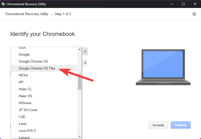 Select Chrome OS Flex as manufacturer