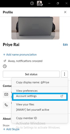 account settings button in profile menu