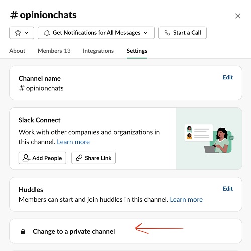 change to a private channel button slack