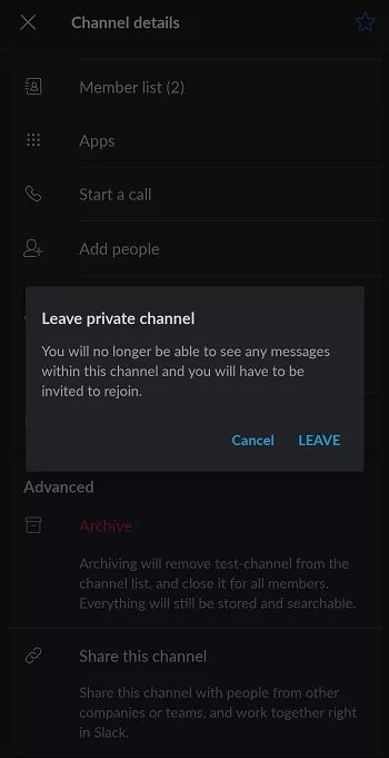 confirm leave channel in slack mobile