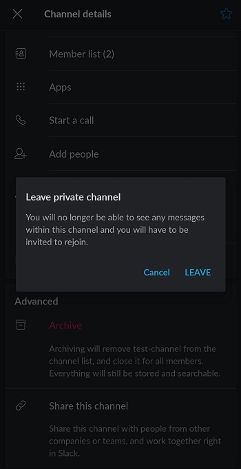 confirm leave channel in slack mobile