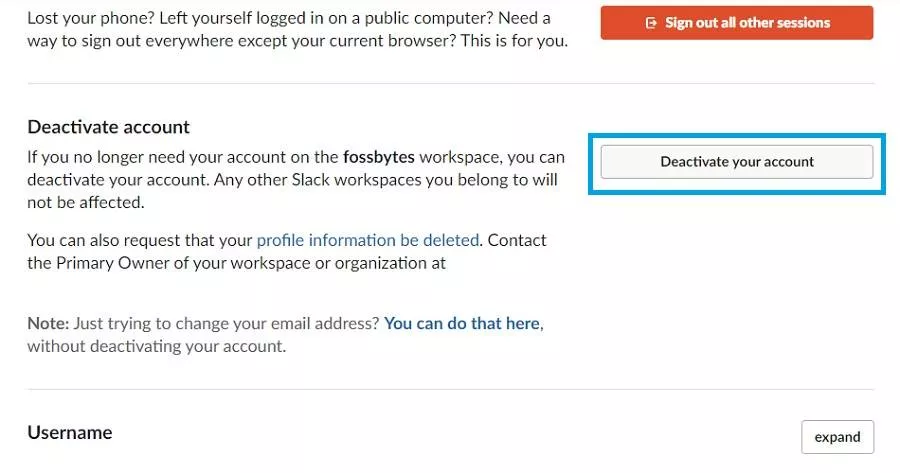 deactivate your account button in account settings