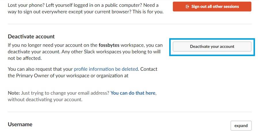 deactivate your account button in account settings