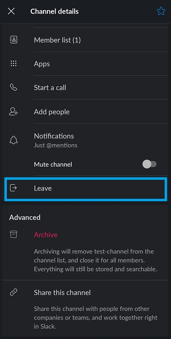 leave channel button in slack mobile